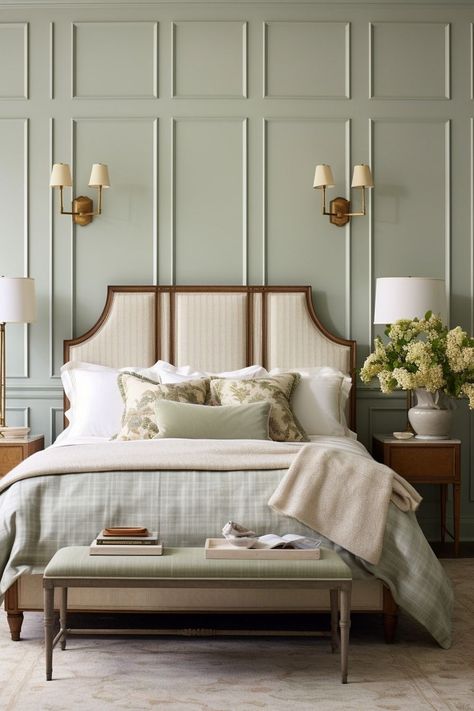 Molding On Bedroom Walls, Moulding On Bedroom Walls, Wall Mouldings Bedroom, Cottage Hotel Design, Green Paneled Bedroom, Heritage Bedroom Ideas, Bedroom Beading Ideas, Guest Bedroom Green Walls, Bedroom Inspiration Traditional