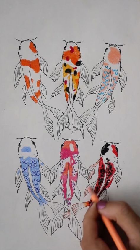 Koi Fish Marker Drawing, Drawing Coy Fish, Watercolor Koi Fish Tutorial, Koi Fish Drawing Color, Koi Art Drawing, How To Draw A Koi Fish, How To Draw Koi Fish, Koi Pond Drawing, Koi Fish Coloring Pages