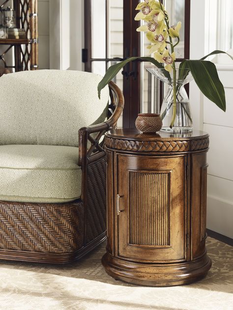 Belize Round End Table | Lexington Home Brands Tropical Living Room Ideas, British Colonial Furniture, Rattan Door, Tropical Living Room, British West Indies, British Colonial Decor, Bali Hai, Tommy Bahama Home, Tropical Living