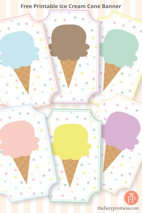 free printable ice cream cone banner in pastel color palette (pink, blue, green, purple, yellow, and light brown) in an easy to download and print PDF file Ice Cream Social Decorations, Printable Ice Cream, Pastel Birthday, Pastel Color Palette, Ice Cream Social, Ice Cream Birthday, Color Palette Pink, Party Printables Free, Easy Coloring Pages