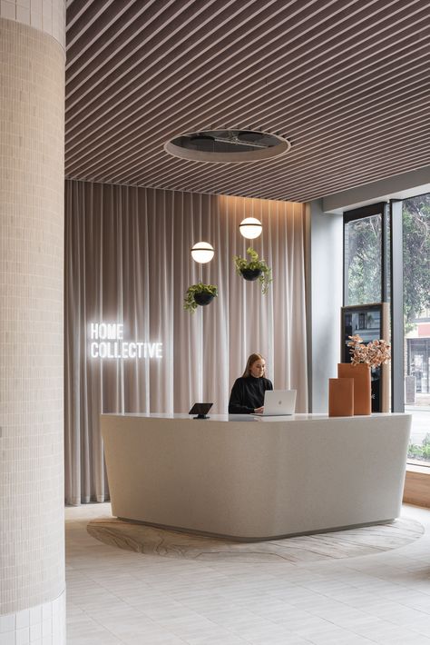 Reception Area Design, Office Reception Desk, Woods Bagot, Modular Bathrooms, Hotel Office, Office Reception, Salon Beauty, Design A Space, Reception Design