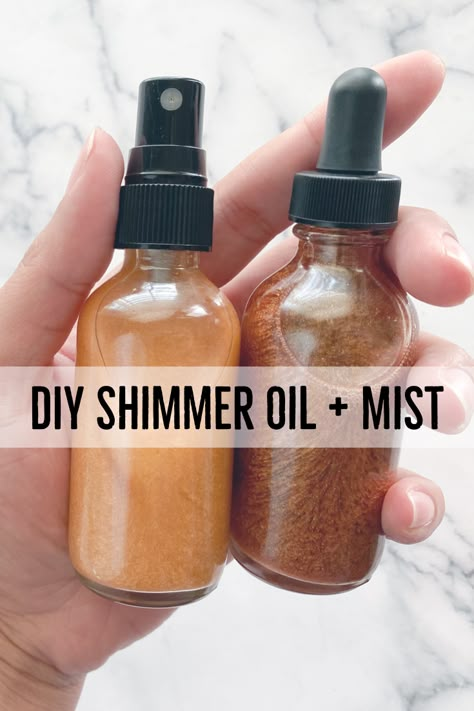 Make Your Own Body Oil, Shimmer Body Oil Diy, Shimmer Oil Diy, Diy Body Glow Oil, How To Make Body Oil At Home, How To Make Shimmer Body Oil, Shimmer Body Oil Recipe, Diy Body Shimmer Spray, Diy Shimmer Body Oil