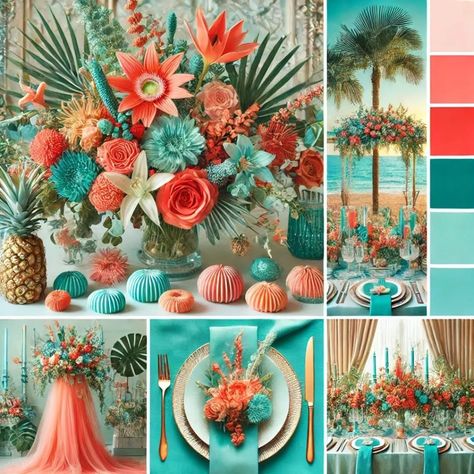 This energetic duo brings a fresh and tropical vibe to any summer wedding. Imagine coral blooms paired with teal accents in your table settings, bridesmaid dresses, and even your wedding cake. This palette is ideal for beach or garden-themed weddings, adding a splash of color without overwhelming. Use coral and teal in invitations, napkins, and seating charts.  #SummerWedding #TropicalVibes #WeddingPalette #CoralAndTeal #BeachWedding #GardenWedding #WeddingInspiration Pink Orange Teal Wedding, Mint And Orange Wedding, Bright Beach Wedding Colors, Turquoise Theme Wedding, Aqua And Coral Wedding, Coral And Lavender Wedding, Wedding Color Schemes Tropical, Beach Theme Color Palette, Beach Theme Wedding Decor