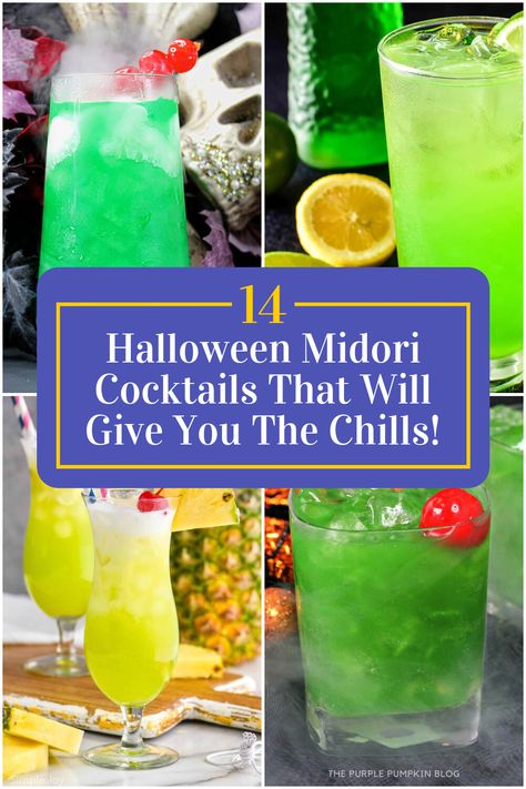 Collage of 4 halloween midori cocktails. Halloween Midori Cocktail, Midori Halloween Drinks, Cocktails With Midori, Midori Shots, Midori Cocktails Recipes, Drinks With Midori, Halloween Cocktails Punch, Midori Sour Recipe, Midori Drinks