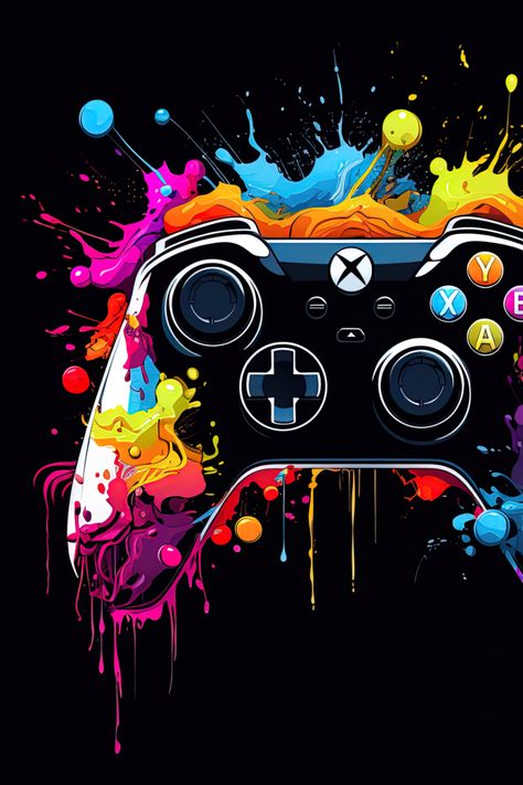 XBox controller with a multi-coloured ink splash using digital art on a black background. Xbox Wallpaper 4k, Game Art Wallpaper, Controller Wallpaper, Xbox Art, Gaming Controller, Xbox Wallpaper, Gamer Art, Neon Digital Art, Playstation Controller Wallpaper