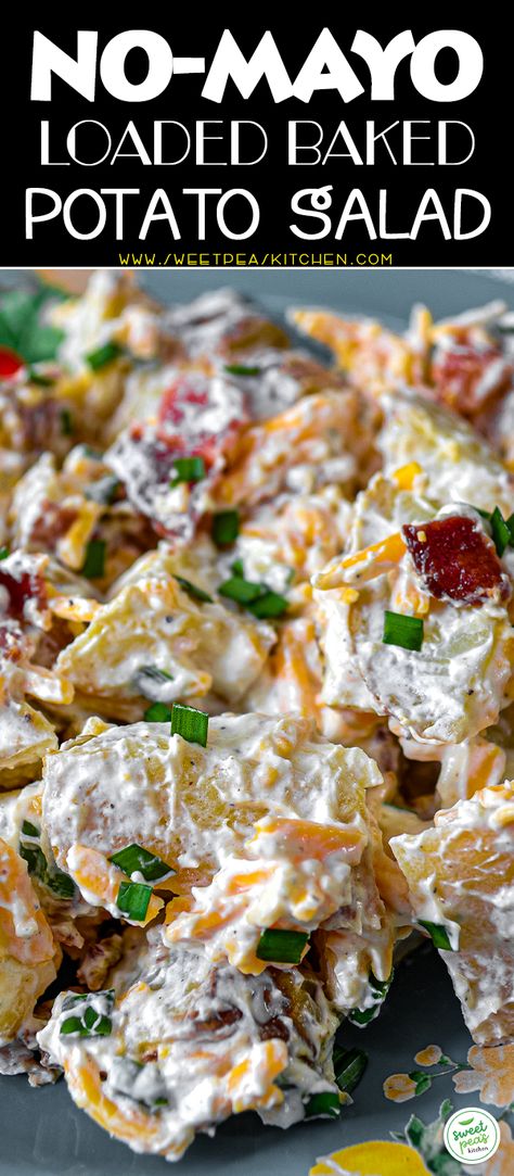 No-Mayo Loaded Baked Potato Salad - Sweet Pea's Kitchen Loaded Baked Potato Salad Recipe, Potato Salad Without Mayo, Baked Potato Salad Recipe, Red Skin Potato Salad, Loaded Potato Salad, Lunch Dishes, Loaded Baked Potato Salad, Baked Potato Salad, Sweet Potato Salad