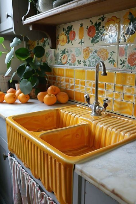 Orange Tile Backsplash Kitchen, Whimsical Kitchen Backsplash, Funky Kitchen Tiles, Colorful Tile Kitchen, Kitchen Ideas Tiles, Funky Tiles, Mosaic Tiles Kitchen, Colorful Kitchen Backsplash, Kitchen Tile Mosaic