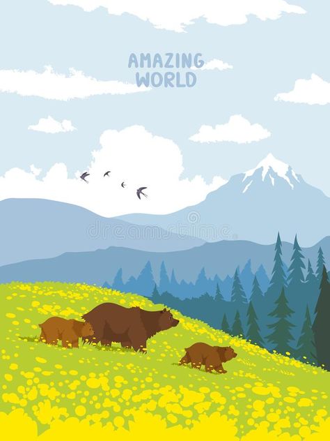 Book Cover Art Design, Amazing Wallpaper, Mountain Illustration, Nature Mountains, Motion Design Animation, Family Illustration, Cartoon Background, Bear Art, Mountain Paintings