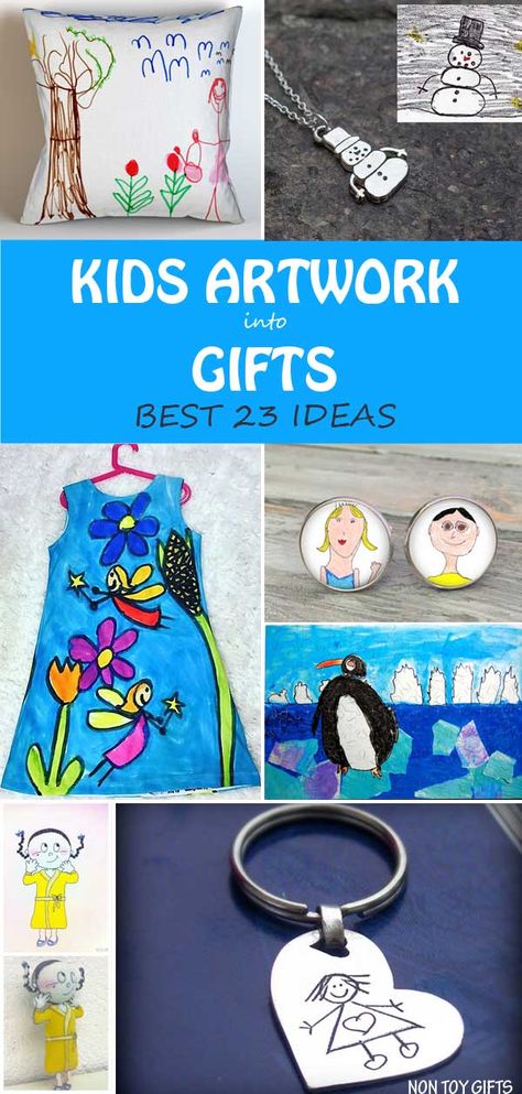 23 ways to turn kids' artwork into gifts. The best gifts you can make for Christmas, Mother's Day, Father's Day, grandparents or family members' birthdays. | at Non-Toy GIfts Sentimental Crafts For Kids, Kids Diy Gifts For Grandparents, Kid Gifts For Parents, Diy Gift From Kids, Gifts Kids Can Make For Parents, Gifts For Kids To Make For Parents, Christmas Gifts For Kids To Make Parents, Handmade Gifts From Kids, Diy Christmas Gifts From Kids