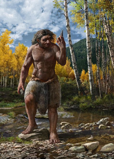 Sturdy barefooted 'dragon man' with fur loincloth, holding a stone tool, near birch trees. Vampire Mythology, Dragon Man, Human Fossils, Ancient Civilisations, Photos People, Early Humans, Human Evolution, Human Head, Harbin