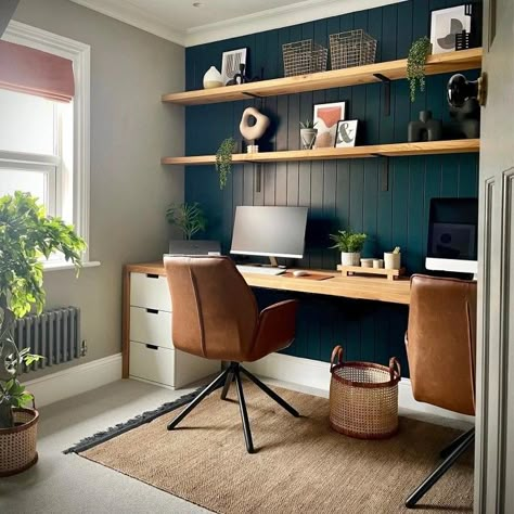 Blue Home Offices, Office Paint Colors, Mid Century Modern Office, Home Office Colors, Cozy Home Office, Small Home Offices, Blue Office, Contemporary Home Office, Home Office Inspiration