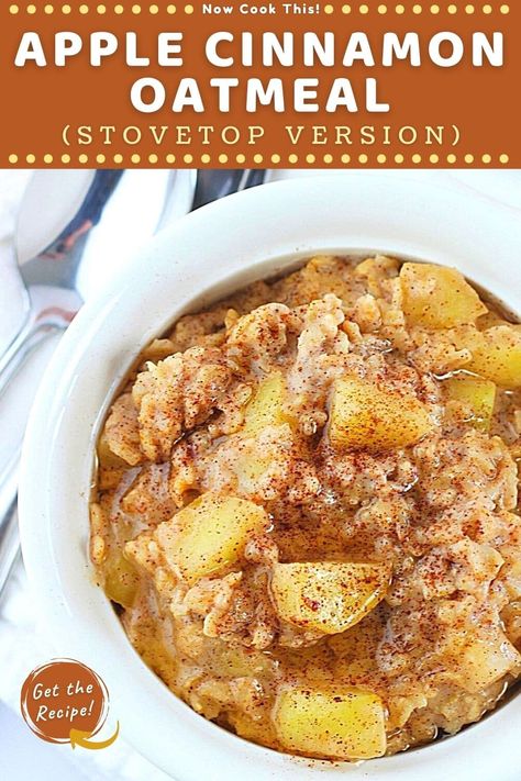 This easy apple cinnamon oatmeal is made on the stovetop and is creamy, lightly sweet and cinnamon-y, and loaded with chunks of cooked fresh apples. It’s the perfect warm fall breakfast, and it'll fill you up until lunchtime. You can also make it ahead, so it's great for meal prepping. Get the recipe and try it! Apple Pecan Oatmeal, Oatmeal For Dinner Recipes, Stove Top Apple Cinnamon Oatmeal, Homemade Oatmeal Recipes Breakfast, Healthy Oatmeal Recipes Breakfast Easy, Homemade Cinnamon Oatmeal, Health Oatmeal Recipes, Banana Cinnamon Oatmeal, Apple Cinnamon Oatmeal Stovetop