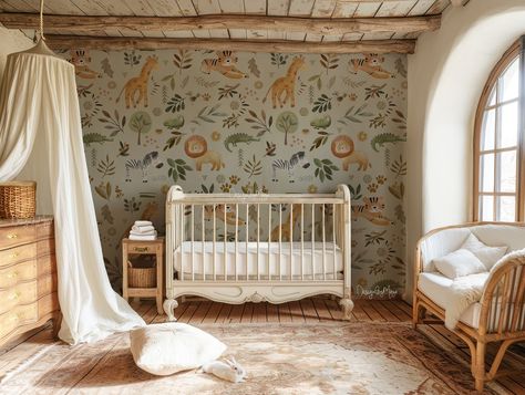 Safari Wallpaper Nursery, Woodland Nursery Wallpaper, Wallpaper Farmhouse, Lovely Wallpapers, Animal Decals, Kindergarten Wallpaper, Textures Murales, Safari Wallpaper, Sweet Nursery