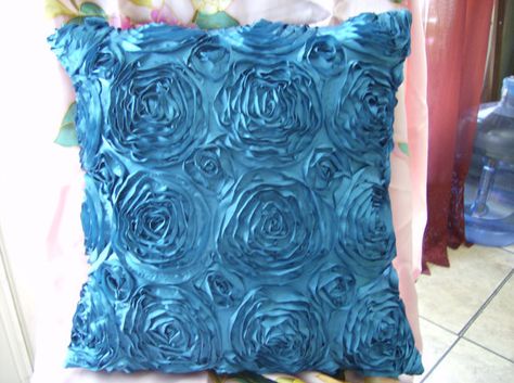 Peacock Teal Blue satin rosette vintage victorian by abrushofwings, $24.00 Rose Texture, Artsy Room Decor, Goth Room Decor, Witch Room Decor, Alternative Decor, Sofa Bed Decor, Rose Pillow, Room Blue, Vintage Room Decor