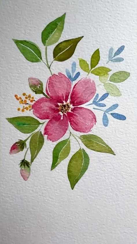 Seema | A simple floral composition created with my Watercolor Starter Kit @goldenmapleart It consists of - watercolor set of 25 colors - 6… | Instagram Floral Watercolor Paintings Simple, Floral Drawings Simple, Cute Flowers Paintings, Easy Watercolor Florals, Simple Watercolor Paintings Flowers, Flower Drawing With Watercolor, Flowers Painting Simple, Watercolor Flower Ideas, Painting Ideas Floral