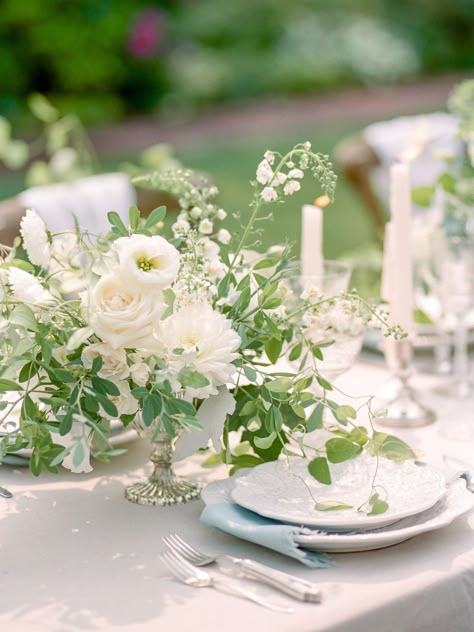 Green and white flower wedding centerpieces, pier 1 plates, ornate plates, wedding decor, summer wedding, blue wedding ideas, silver centerpiece, green weddings, white rose, tall white candles, silver candlesticks Lairmont Manor - Bellingham Venues - Kerry Jeanne Photography, Green Wedding Flowers, English Garden Wedding, White Centerpiece, White Wedding Theme, Romantic Garden Wedding, Garden Wedding Inspiration, White Wedding Flowers, Wedding 2024, Wedding Aesthetic