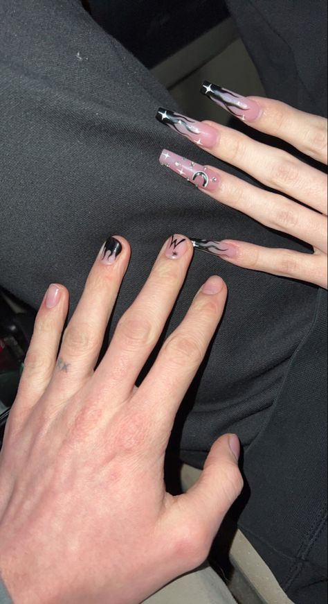 Nails Long Acrylic Matching Couples Matching Couple Nails Goth, Matching Nails Bf And Gf, Boyfriend Girlfriend Matching Nails, His And Her Nails, Matching Nail Sets With Boyfriend, Couple Nails Designs, Couples Manicure, Couple Nail Art, Masc Nails Ideas