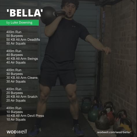 "Bella" Workout, CrossFit WOD | WODwell - 400m Run; 50 Burpees; 50 KB Alt Arm Deadlifts; 50 Air Squats; 400m Run; 40 Burpees; 40 KB Alt Arm Swings; 40 Air Squats; 400m Run; 30 Burpees; 30 KB Alt Arm Cleans; 30 Air Squats; 400m Run; 20 Burpees; 20 KB Alt Arm Snatch; 20 Air Squats; 400m Run; 10 Burpees; 10 KB Alt Arm Devil Press; 10 Air Squats Sandbag Workout Crossfit, Arm Wod Crossfit, Back Squat Workout Crossfit, Cardio Crossfit Workout, Devil Press Workout, Kb Wod, Kb Exercises, Hyrox Workout, Running Wod