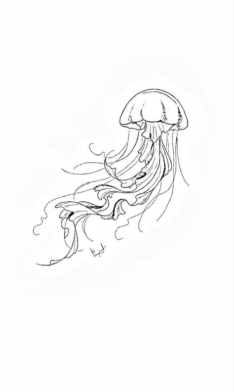 Ocean Tattoo Drawings, Underwater Drawing Aesthetic, Tattoos Jellyfish, Minimalistic Jellyfish Tattoo, Tattoo Jellyfish Minimalist, Tattoo Mar Ocean, Jellyfish Wrapped Around Arm Tattoo, Line Art Jellyfish Tattoo, Jellyfish Tattoo On Side