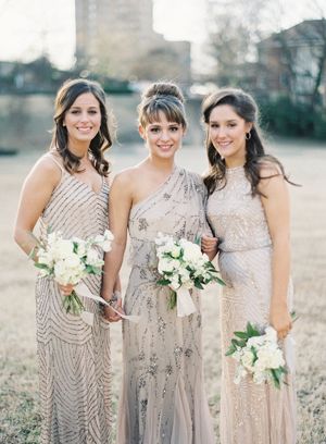 silverish bridesmaid dresses, white and green bouquets - maybe a tad larger? Sparkly Bridesmaids, Sparkly Bridesmaid Dress, Winter Bridesmaid, Winter Bridesmaids, Beaded Bridesmaid Dress, Winter Bridesmaid Dresses, Neutral Bridesmaid Dresses, Fall Bridesmaids, Bridesmaid Inspiration