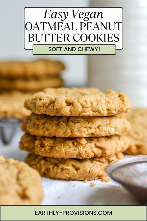 These Vegan Oatmeal Peanut Butter Cookies are easy to make and bake up super soft and chewy. This vegan cookie recipe is easy to make so its perfect for beginners! Vegan Cookie Recipes Easy, Vegan Chewy Cookies, Oatmeal Patties Vegan, Oatmeal Vegan Cookies, Oatmeal Peanut Butter Cookies No Flour, Vegan Cookie Recipes, Easy Vegan Oatmeal Cookies, Chewy Vegan Oatmeal Cookies, Vegan No Bake Oatmeal Cookies