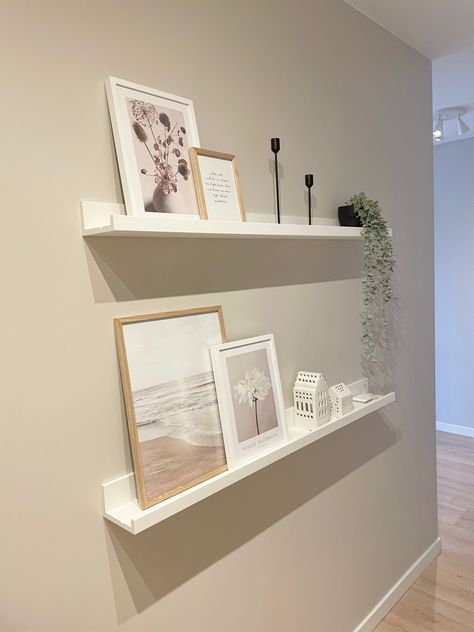 #desenio #ikea #shelf #hallwaydecor Decor For Picture Ledge, Shallow Floating Shelves, Ikea Photo Ledges, Ikea Wall Shelf Ideas, Ikea Shelves Decor, Frame Shelf Ideas, Ikea Picture Shelf, Ikea Shelf Decor, Ikea Photo Ledge