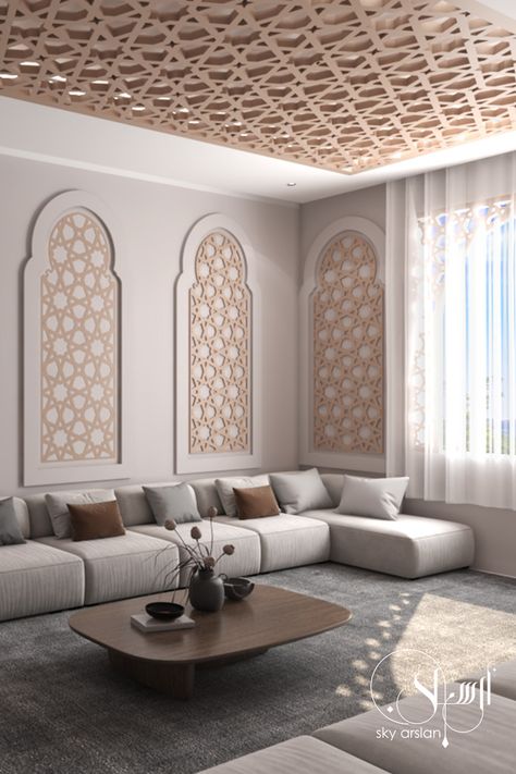 Islamic interior design Islamic House Design Interiors, Modern Moroccan Interior Design, Practical Interior Design, Modern Arabic Interior, Arabic Living Room, Arabic Interior Design, Islamic Interior Design, Moroccan Interior Design, Home Decor Ideas Kitchen