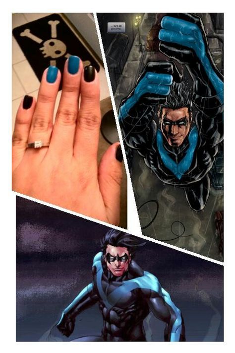 Nightwing fingerstripes Nightwing Nails, Batman Nails, Bat Family, Nightwing, Nail Inspo, Favorite Things, Gel Nails, Acrylic Nails, Bat