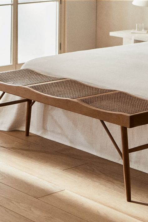 Bedroom | ZARA Canada Rattan Bench, Walnut Armchair, Oak Bedside Tables, Long Bench, Flat Interior, Wood Bedside Table, Green Street, Bed Bench, Wooden Stools