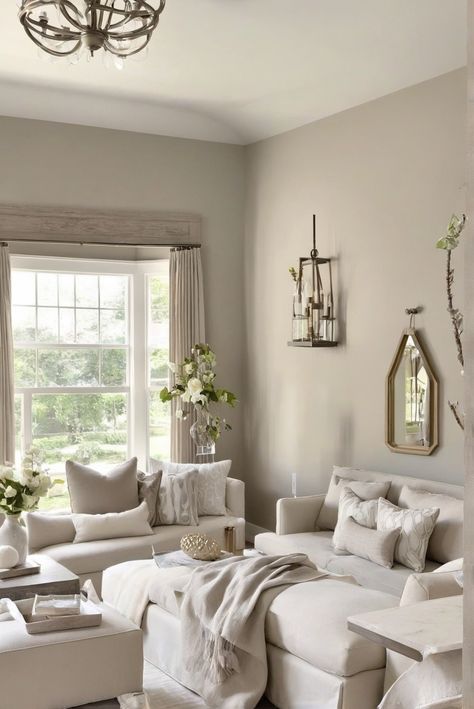 Timeless look, Best greige paint colors, Benjamin Moore, 2024 Benjamin Moore Paint Colors Greige, Mushroom Paint Color Benjamin Moore, Living Room Inspiration Beige Walls, Benjamin Moore Beige Colors Living Room, Greige Bedroom Furniture, Greige Wall Paint, Living Room Colors Beige, Greige Home Decor, Bm Greige Paint Colors