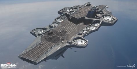 Matt Kohr - Concept Art - Iron Man VR - Helicarrier Exterior Aircraft Carrier Concept, Shield Helicarrier, Fighter Planes Jets, Warhammer Imperial Guard, Spaceship Interior, Starship Concept, New Technology Gadgets, Sci Fi Ships, The Vessel