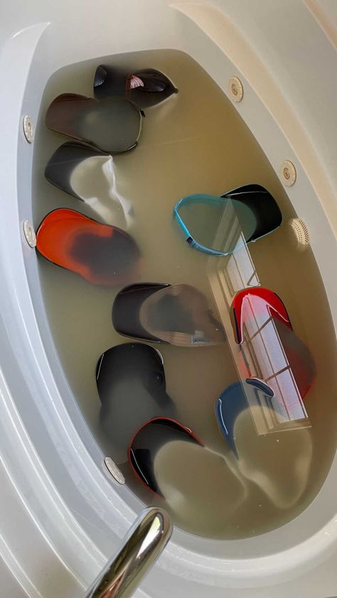 tub full of baseball hats cleaning with laundry stripping method Borax Hat Cleaning, Stripping Baseball Hats, Best Way To Clean Hats Baseball Caps, Cleaning Hats Baseball Caps In Tub, How To Strip Hats In Bathtub, Clothes Cleaning Hacks, Clean Baseball Hat, How To Clean A Baseball Caps, Washing A Baseball Hat