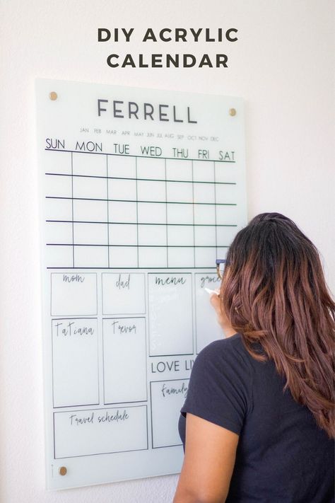 Calendar Cricut Ideas, Corner Command Center, Acrylic Family Calendar, Family Calendar Ideas, Cricut Corner, Calendar Designs, Acrylic Calendar, Family Command Center, Unique Calendar