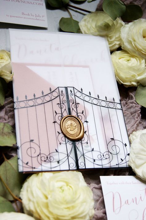 Gate Wedding Invitations, Secret Garden Wedding Invitations, Secret Garden Theme, Gold Wax Seal, Vellum Wrap, Garden Theme Wedding, Bespoke Wedding Invitations, Secret Garden Wedding, Garden Wedding Invitations