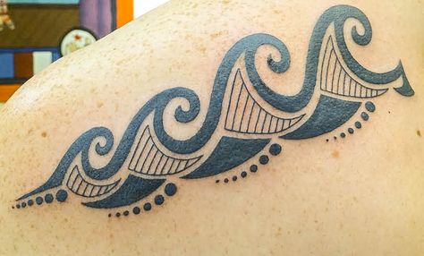 Tribal Wave Tattoo, so in love with it!!! First Tattoo! Ocean Wave Tattoo, Tato Maori, Tato Suku, Wave Tattoo Design, Surf Tattoo, Tato Dengan Makna, Cross Tattoo For Men, Wave Tattoo, Maori Tattoo Designs