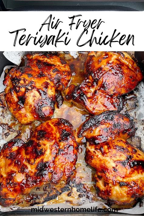 Teriyaki chicken in an air fryer basket. Teriyaki Chicken Thighs Boneless, Homemade Teriyaki Marinade, Air Fryer Recipes Asian, Chicken Thigh Teriyaki, Air Fryer Teriyaki Chicken, Teriyaki Chicken Marinade, Teriyaki Chicken Thighs, Air Fryer Recipes Chicken Thighs, Family Breakfast Recipes