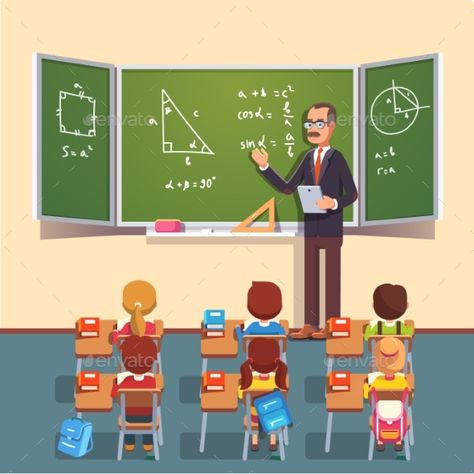 Mid age teacher man in glasses giving a trigonometry lecture on a chalkboard to a class of kids sitting at the school desks. Flat Teacher Man, Teachers Illustration, Chemistry Posters, Classroom Background, Classroom Clipart, Male Teacher, Flashcards For Kids, School Desks, Trigonometry