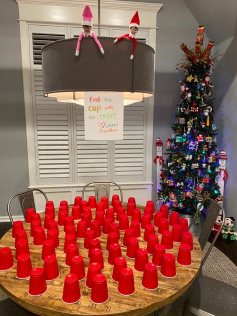 Elf on the Shelf ideas, red solo cup, find the treat Elf On The Shelf Cups, Elf On The Shelf Ideas Were Back, Easy Elfie Ideas, Elf Solo Cup, Elf On The Shelf Red Solo Cups, Elf One The Shelf Ideas, Elf Ok Shelf Ideas, Elf Qtip Snowflake, Elf On The Shelf Snack Ideas