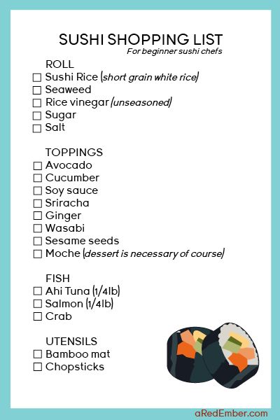 Planning on making sushi at home? Here is a shopping list of everything you will need for a couple delicious rolls. ~minus the fish for veggie sushi Sushi Bazooka Recipes, Diy Sushi Rolls, Fried Sushi Rolls, Sushi Recipes For Beginners, Sushi Making Party, Cooked Sushi Rolls, Making Sushi At Home, Make Sushi At Home, Sushi Bazooka