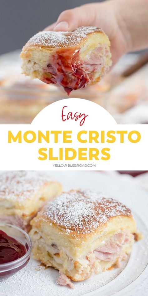 Monte Cristo Sliders are just like the classic sandwich, in mini form! Stuffed full of ham, turkey and cheese, and served with powdered sugar and jam. Mini Hot Sandwiches, Sliders Monte Cristo, Holiday Ham Sliders Recipe, Pot Luck Sandwich Ideas, Football Sunday Sliders, Turkey Ham And Cheese Sliders, Turkey Ham Sliders, Grilled Ham Sandwiches, Deli Turkey Sliders