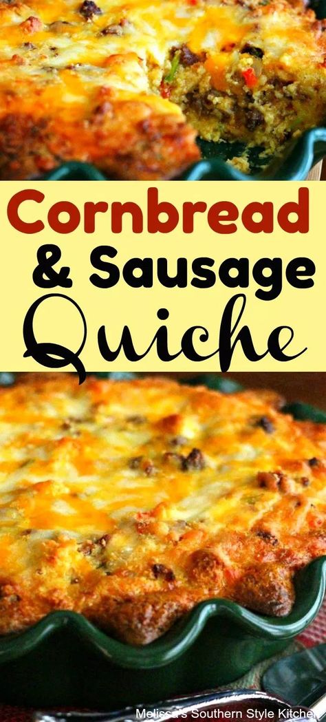 Cornbread And Sausage Quiche #cornbread #quiche #sausagequiche #quicherecipes #food #brunch #dinner #maincourse #breakfast #sausage #sponsored #cheese #bread #breadrecipes #eggs #eggrecipes #southernfood #southern #melissassouthernstylekitchen #holidays #holidaybrunch #christmas #thanksgiving Quiche Recipes Sausage Cheese, Southern Lunch Recipes, Christmas Quiche Recipes, Cornbread Dinners, Cornbread And, Dinner Quiche Recipes, Cornbread Quiche, Sausage Bread Recipe, Cornbread And Sausage