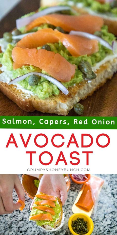 Smoked Salmon Avocado Toast, Avocado Toast With Salmon, Mashed Avocado Toast, Salmon Capers, Avocado Toast Recipe, Salmon Avocado, Smashed Avocado, Mashed Avocado, Red Onions