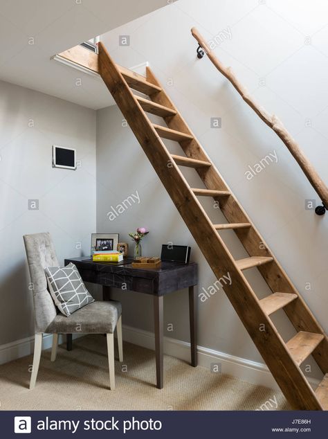 Study with wooden ladder and rustic hand rail to loft space ... Wooden Loft Stairs, Wooden Ladder Stairs, Loft Ladder Stairs, Wooden Loft Ladder, Ladder Stairs To Loft, Loft Ladder Ideas Space Saving, Rustic Handrail, Loft Railing Ideas, Ladder To Loft