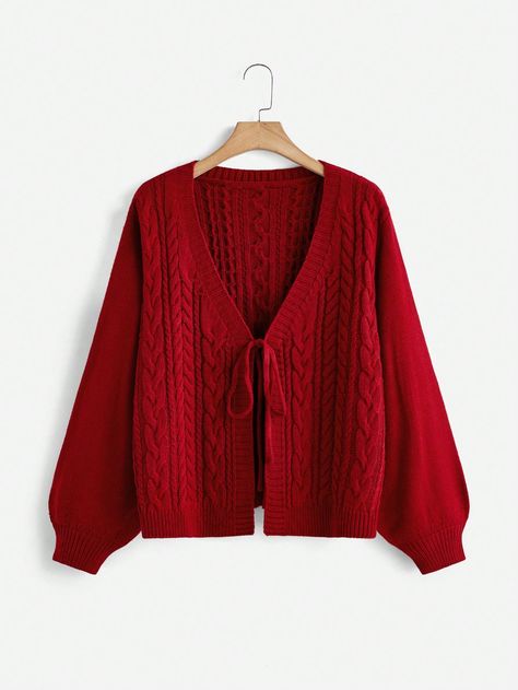 Plus Size Women Solid Color Long Sleeve Bow Tie Cardigan Sweater, Autumn/Winter Red Casual  Long Sleeve Knitwear Plain  Slight Stretch  Women Plus Clothing, size features are:Bust: ,Length: ,Sleeve Length: Red Oversized Sweaters, Red Plus Size Sweater, Png Sweaters & Cardigans, Red Vintage Sweaters, Liv Outfits, Cherry Clothes, Cute Winter Clothes, Oversized Red Sweater, Tie Cardigan