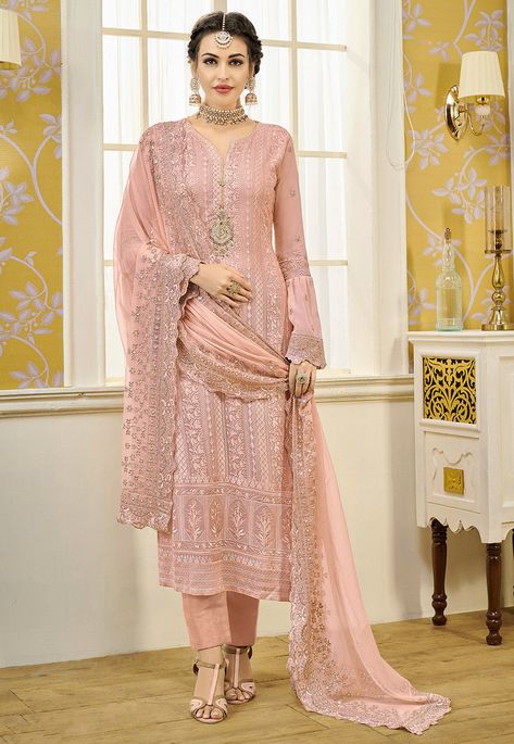 Faux Georgette Pakistani Suit in Pink This Semi-stitched Attire with Poly Shantoon Lining is Enhanced with Resham, Zari, Cutbeads and Beads Work. Crafted in Notched Round Neck and Bell Sleeves Available with a Poly Shantoon Pant and a Faux Georgette Dupatta in Pink The Kameez and Bottom Lengths are 46 and 38 inches respectively Do note: Accessories shown in the image are for presentation purpose only and length may vary upto 2 inches.(Slight variation in actual color vs. image is possible). Gown Style Dress, Celana Fashion, Indian Salwar Suit, Lehenga Gown, Look Festival, Set Saree, Gaun Fashion, Kurti Neck, Designer Suit