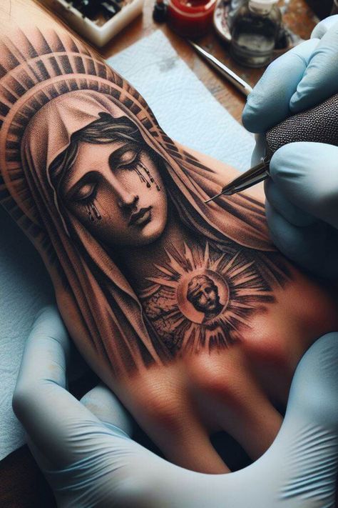 If you're looking for some inspiration for your next tattoo, or just want to see some of the most creative and well-done pieces out there, the subreddits r/tattoo and r/tattoos are the perfect places to start. Virgin Mary Tattoo On Hand, Angel With Rosary Tattoo, Angels And Demons Tattoo Sleeve, Mother Mary Tattoos For Men, Mother Theresa Tattoo, Virgin Mary Skull Tattoo, Religous Tattoo Forearm, Statue Tattoo Design Greek, Virgin Mary Hand Tattoos For Guys