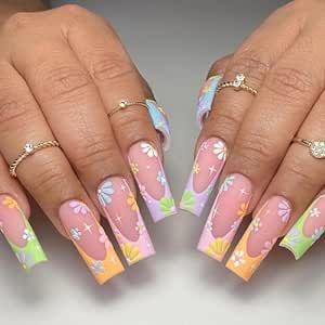 MISUD Press on Nails Long Square Fake Nails Glossy Glue on Nails Rainbow French Tip Acrylic Nails Squoval Artificial Nails Cute Colorful Flower Stick on False Nails with Design 24 pcs  #summernails #nails #nailinspo #pressonnails #pressons #nailart #summervibes #diynails #nailinspiration #naildesigns #nailaddict Color French Manicure, Nails Press Ons, 3d Nail Designs, French Tip Press On Nails, Press On Nails Long, French Manicure Designs, Green Nail Art, Nagel Tips, Flower Nail Designs