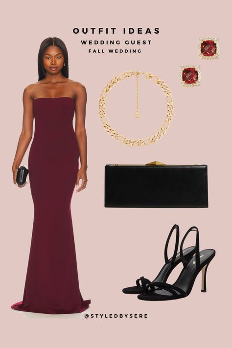 Drop the temps and the hues for the fall wedding wear. The end of 2024 will darken the tones we've seen through the early year. One it color (always) is burgundy. So we start with a deep burgundy dress. Black velvet heels bring texture and darken the tone for the season. A structured clutch keeps the look sharp. A thick gold necklace draws the eye up on the strapless dress. Simple, color coordinating studs completes your fall wedding guest look! Maroon Dress Outfit Formal, Burgundy Wedding Guest Dress, Maroon Dress Outfit, October Wedding Guest Dress, Thick Gold Necklace, Wedding Guest Fall, Black Velvet Heels, Bordeaux Dress, Wine Colored Dresses