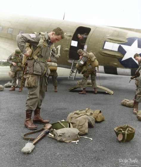 Brigadier General James "Jumpin' Jim" Gavin, CO 82nd Airborne Division, checks his equipment before boarding a C-47 Skytrain plane for the airborne invasion of Holland (Operation Market Garden) from Cottesmore airfield, Rutland, England. 17th September 1944.: Wwii Paratroopers, Army Airborne, Airborne Army, Operation Market Garden, Ww2 Soldiers, 82nd Airborne Division, 82nd Airborne, Ww2 History, Market Garden