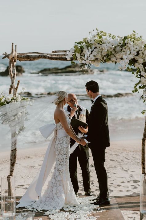 Wedding of the Day: A Black-Tie Beach Party Beach Wedding Groom Black Suit, Beach Black Wedding, All Black Beach Wedding, Black Tux Beach Wedding, Black Suit Beach Wedding, Beach Wedding Black And White, Tux Beach Wedding, Groom Beach Wedding Attire, Black Tie Beach Wedding